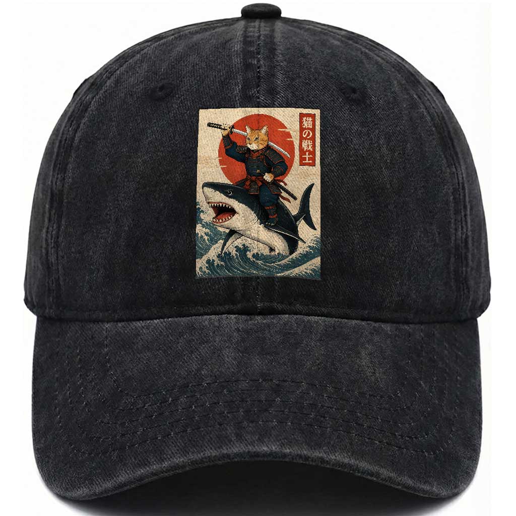 Funny Samurai Cat Riding Shark Washed Cotton Baseball Cap Vintage Japanese Ukiyoe TS12 Print Your Wear