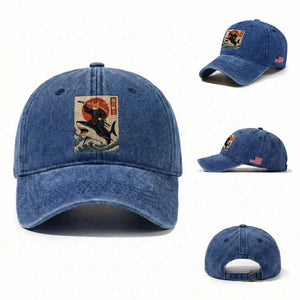 Funny Samurai Cat Riding Shark Washed Cotton Baseball Cap Vintage Japanese Ukiyoe