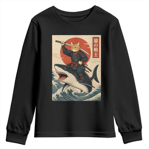 Funny Samurai Cat Riding Shark Youth Sweatshirt Vintage Japanese Ukiyoe