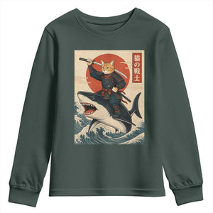 Funny Samurai Cat Riding Shark Youth Sweatshirt Vintage Japanese Ukiyoe