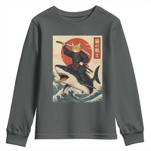 Funny Samurai Cat Riding Shark Youth Sweatshirt Vintage Japanese Ukiyoe