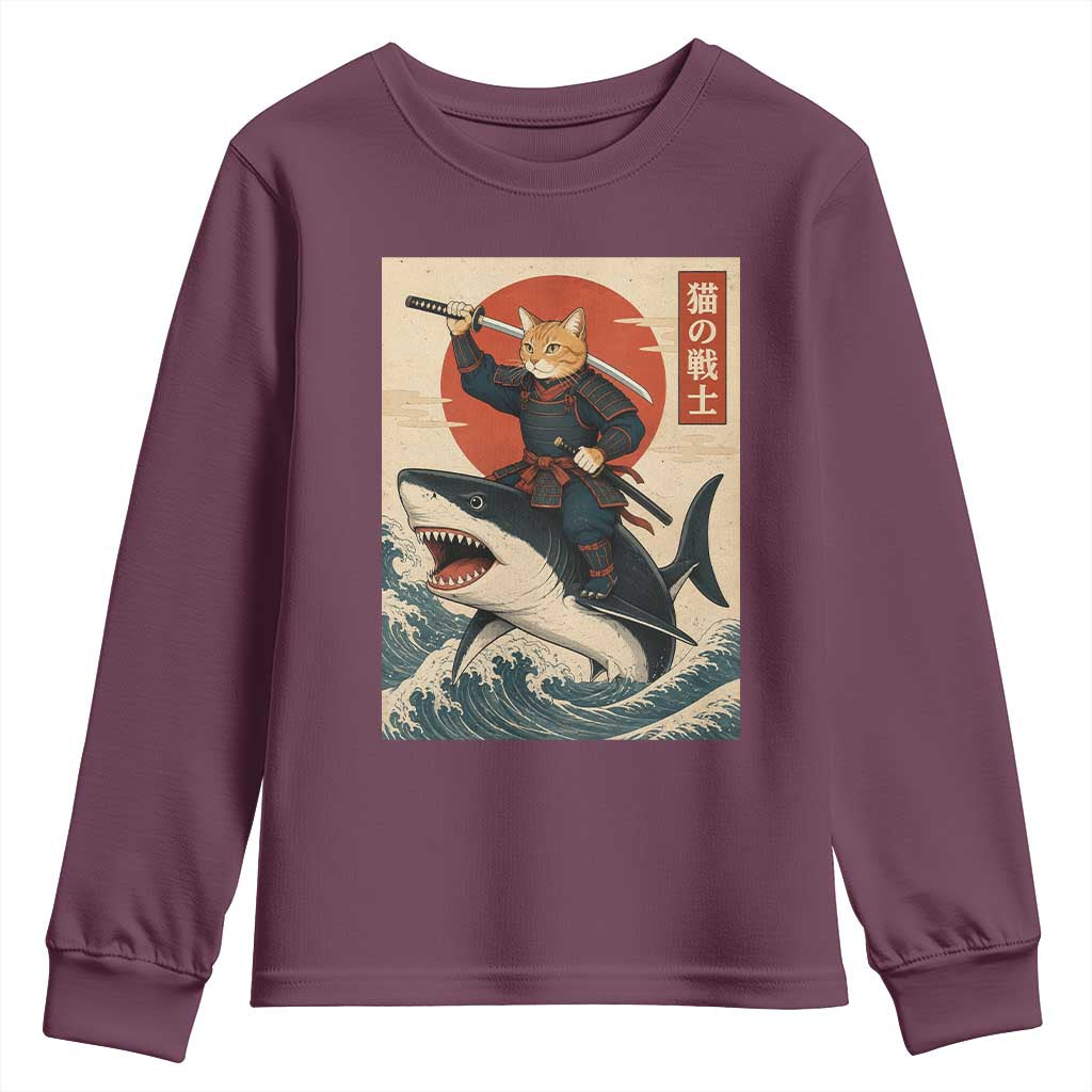 Funny Samurai Cat Riding Shark Youth Sweatshirt Vintage Japanese Ukiyoe