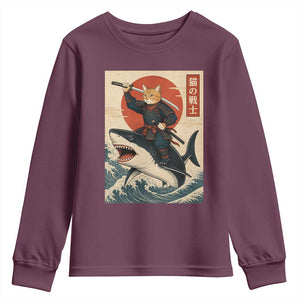 Funny Samurai Cat Riding Shark Youth Sweatshirt Vintage Japanese Ukiyoe