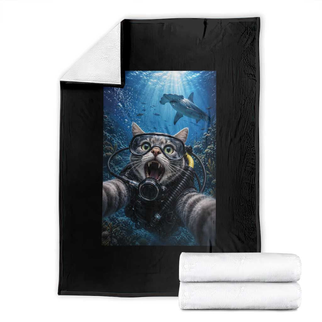 Funny Scuba Diving Cat Selfie With Hammerhead Shark Throw Blanket TS12 Black Print Your Wear