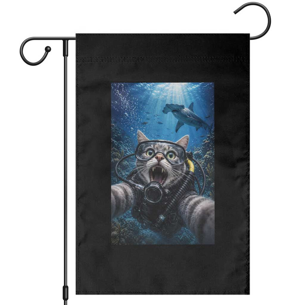Funny Scuba Diving Cat Selfie With Hammerhead Shark Garden Flag TS12 Black Print Your Wear