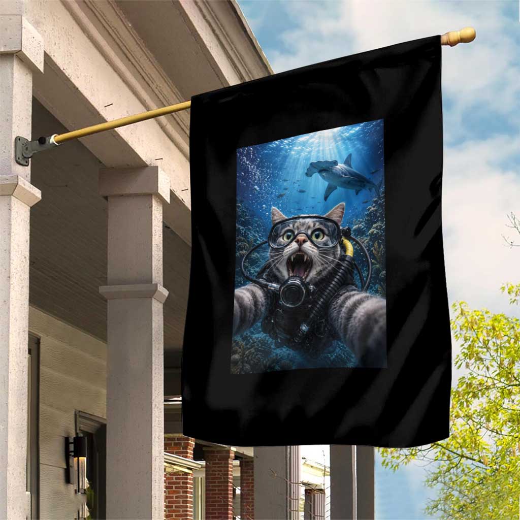 Funny Scuba Diving Cat Selfie With Hammerhead Shark Garden Flag