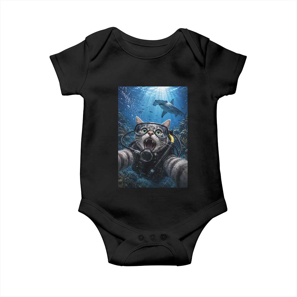 Funny Scuba Diving Cat Selfie With Hammerhead Shark Baby Onesie TS12 Black Print Your Wear