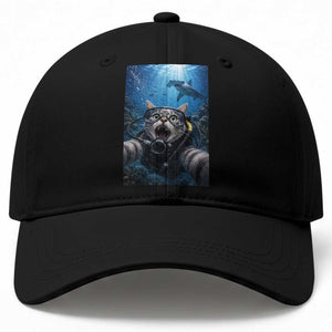 Funny Scuba Diving Cat Selfie With Hammerhead Shark Baseball Cap