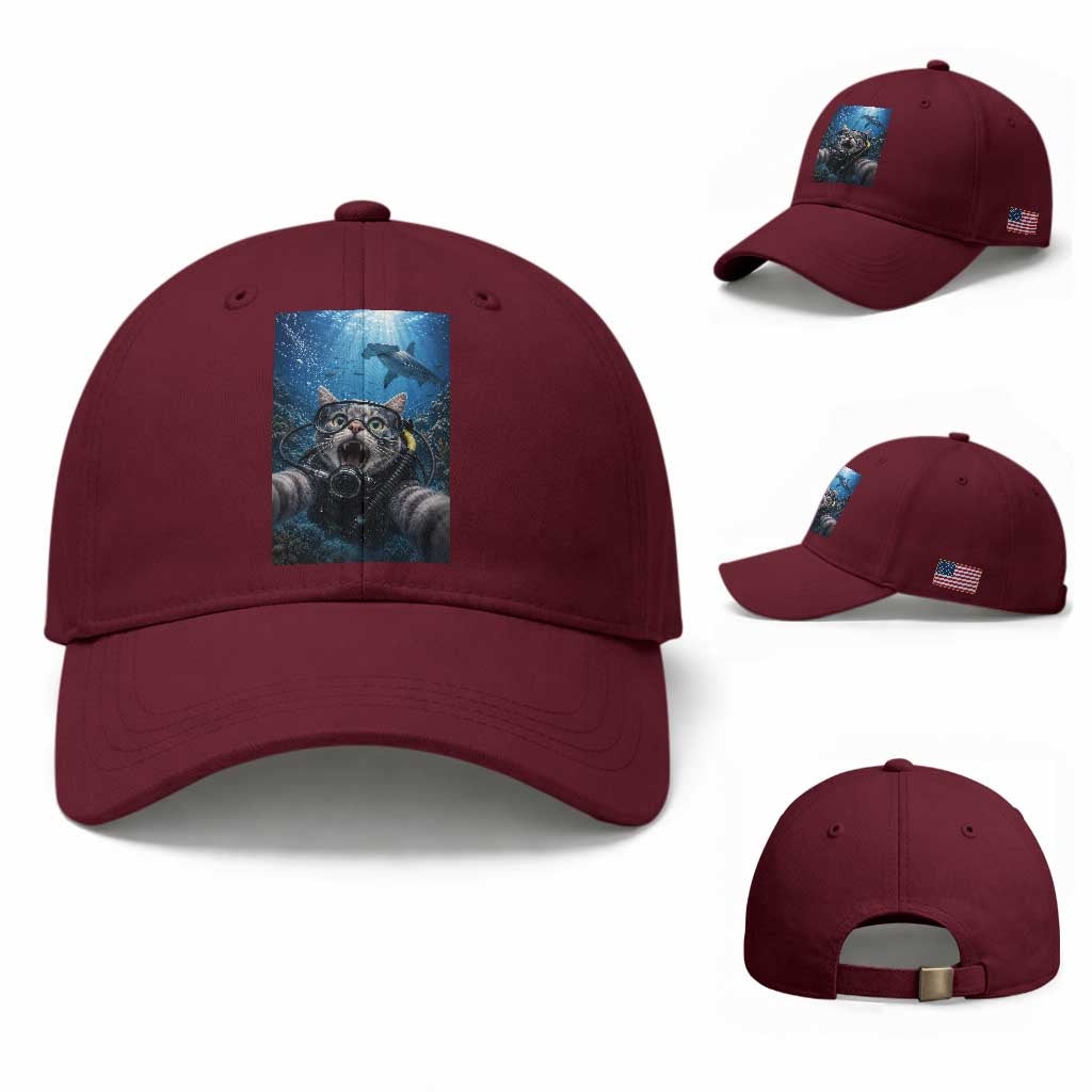Funny Scuba Diving Cat Selfie With Hammerhead Shark Baseball Cap