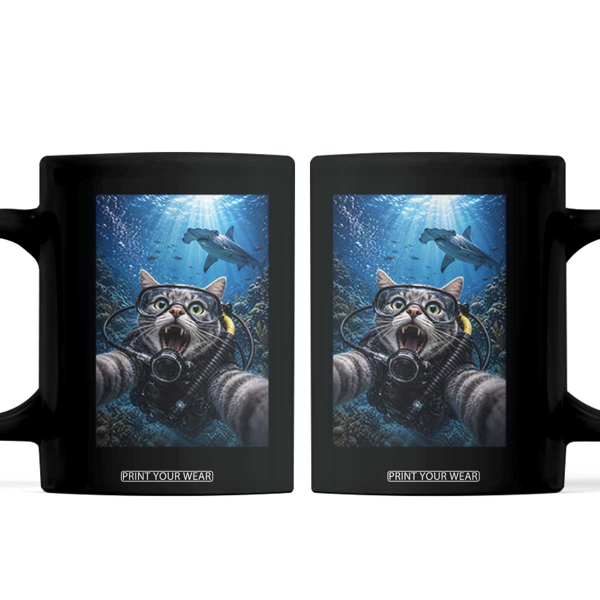 Funny Scuba Diving Cat Selfie With Hammerhead Shark Coffee Mug