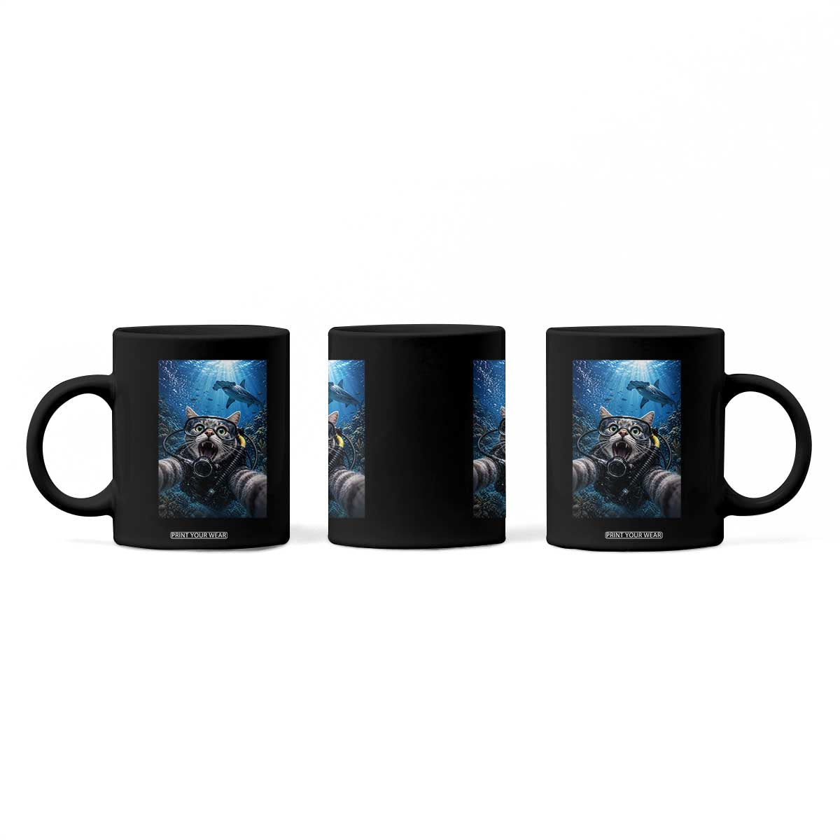 Funny Scuba Diving Cat Selfie With Hammerhead Shark Coffee Mug