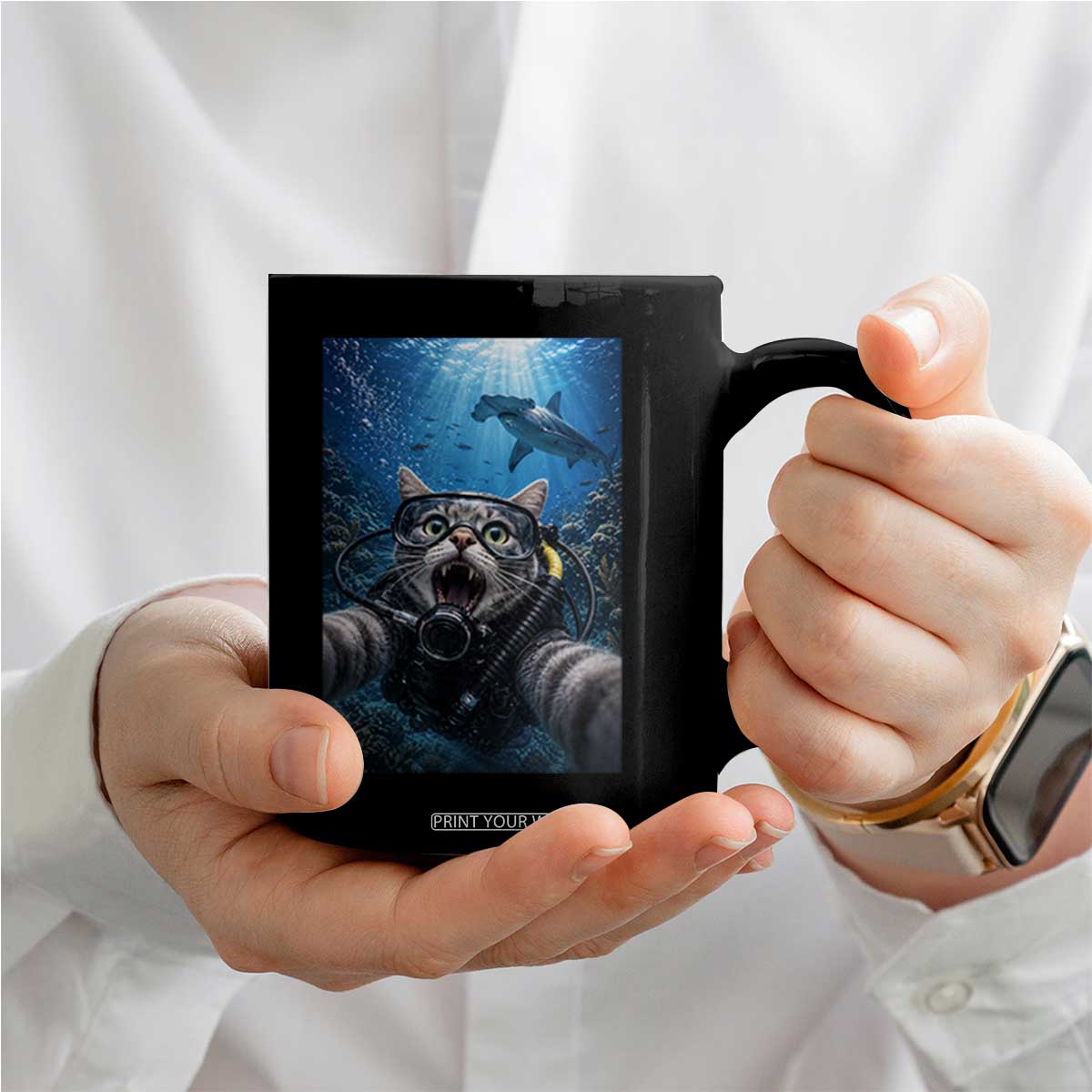 Funny Scuba Diving Cat Selfie With Hammerhead Shark Coffee Mug