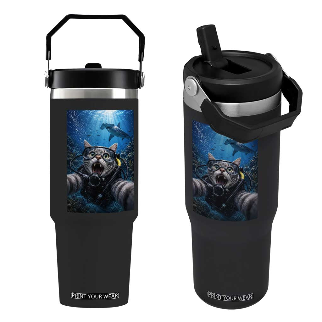 Funny Scuba Diving Cat Selfie With Hammerhead Shark Flip Straw Tumbler TS12 One Size: 30 oz Black Print Your Wear