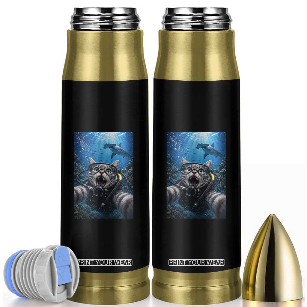 Funny Scuba Diving Cat Selfie With Hammerhead Shark Bullet Tumbler TS12 Black Print Your Wear