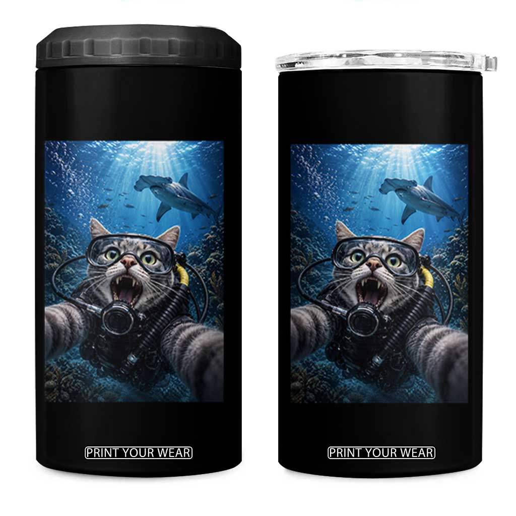 Funny Scuba Diving Cat Selfie With Hammerhead Shark 4 in 1 Can Cooler Tumbler