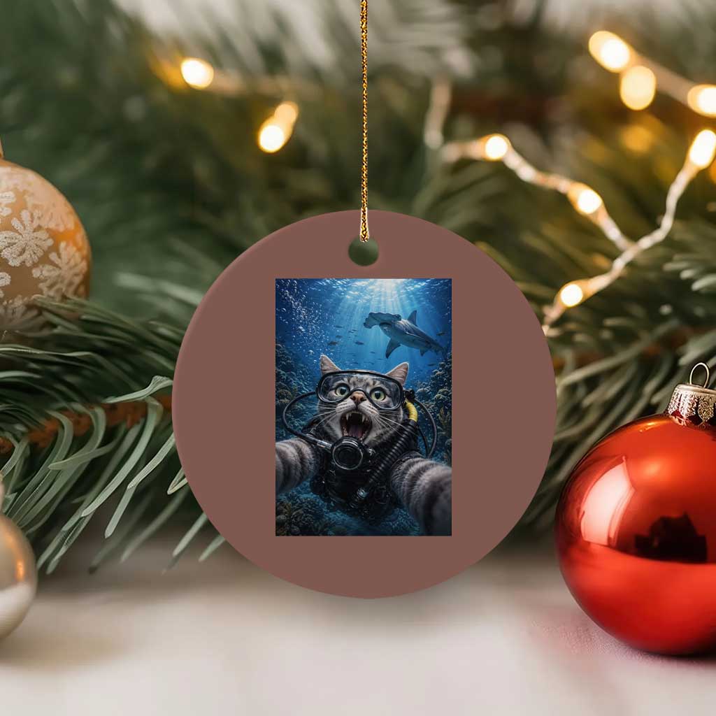Funny Scuba Diving Cat Selfie With Hammerhead Shark Ceramic Ornament