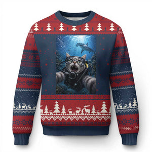 Funny Scuba Diving Cat Selfie With Hammerhead Shark Ugly Christmas Sweater