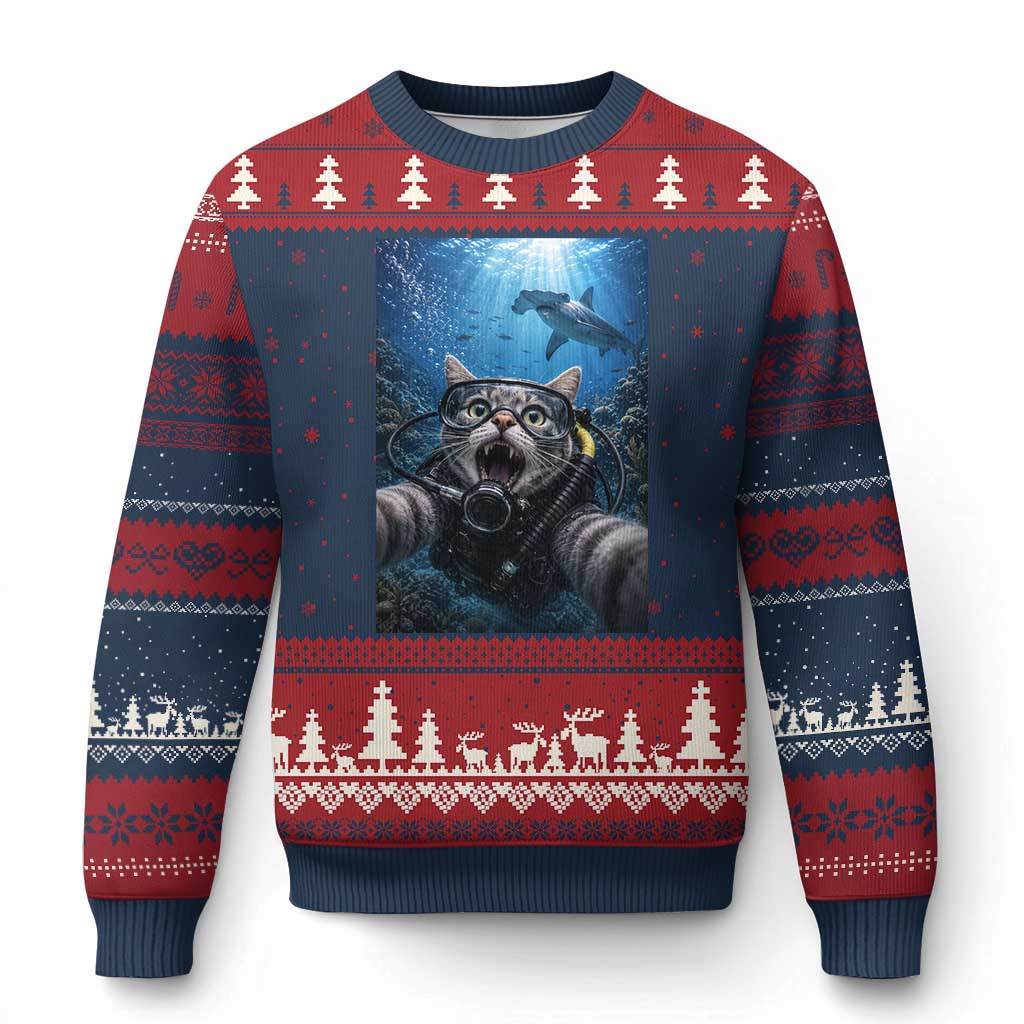 Funny Scuba Diving Cat Selfie With Hammerhead Shark Ugly Christmas Sweater TS12 Navy Red Print Your Wear
