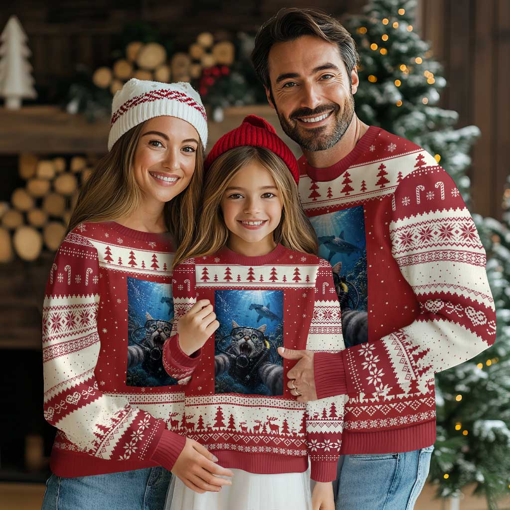 Funny Scuba Diving Cat Selfie With Hammerhead Shark Ugly Christmas Sweater