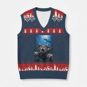 Funny Scuba Diving Cat Selfie With Hammerhead Shark V-Neck Knit Sweater Vest