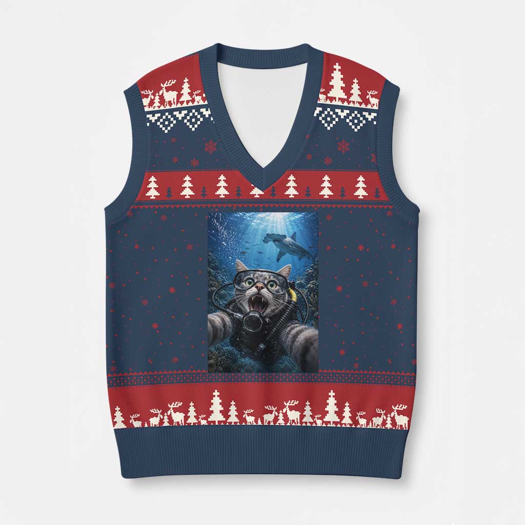 Funny Scuba Diving Cat Selfie With Hammerhead Shark V-Neck Knit Sweater Vest TS12 Navy Red Print Your Wear
