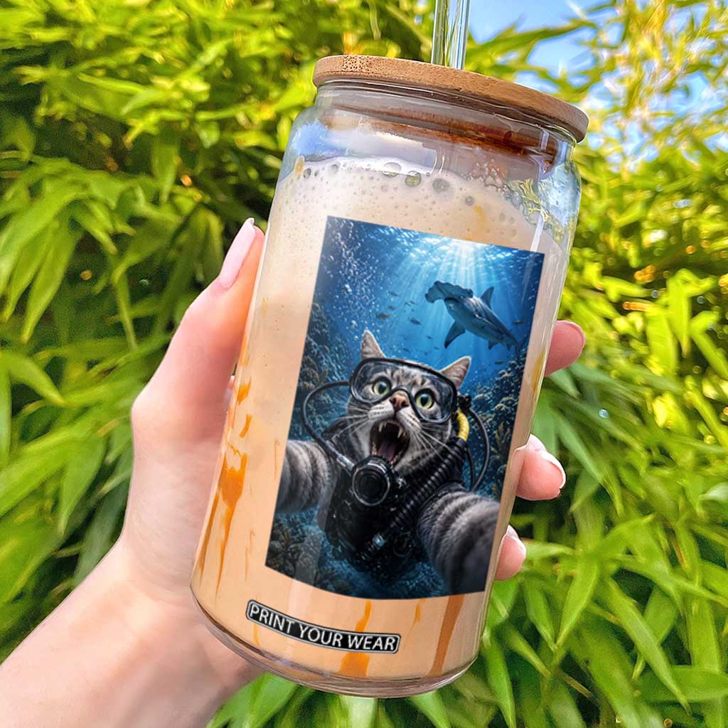 Funny Scuba Diving Cat Selfie With Hammerhead Shark Glass Can TS12 Black Print Your Wear