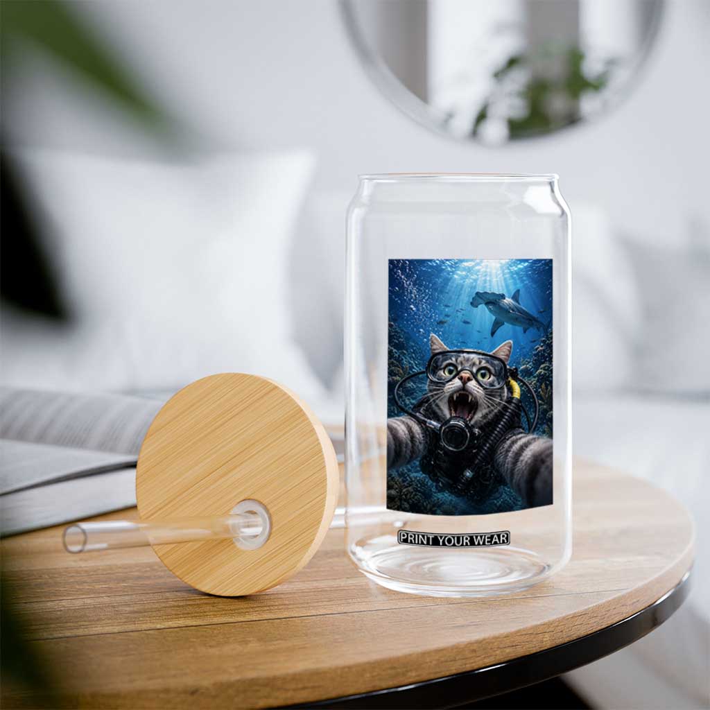 Funny Scuba Diving Cat Selfie With Hammerhead Shark Glass Can