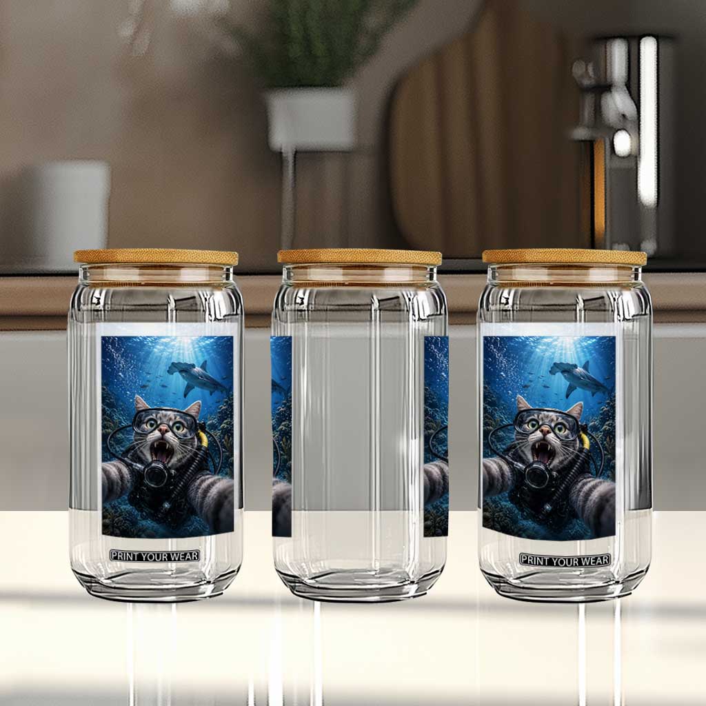 Funny Scuba Diving Cat Selfie With Hammerhead Shark Glass Can