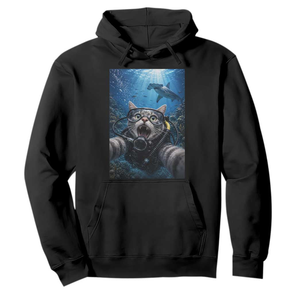 Funny Scuba Diving Cat Selfie With Hammerhead Shark Hoodie TS12 Black Print Your Wear