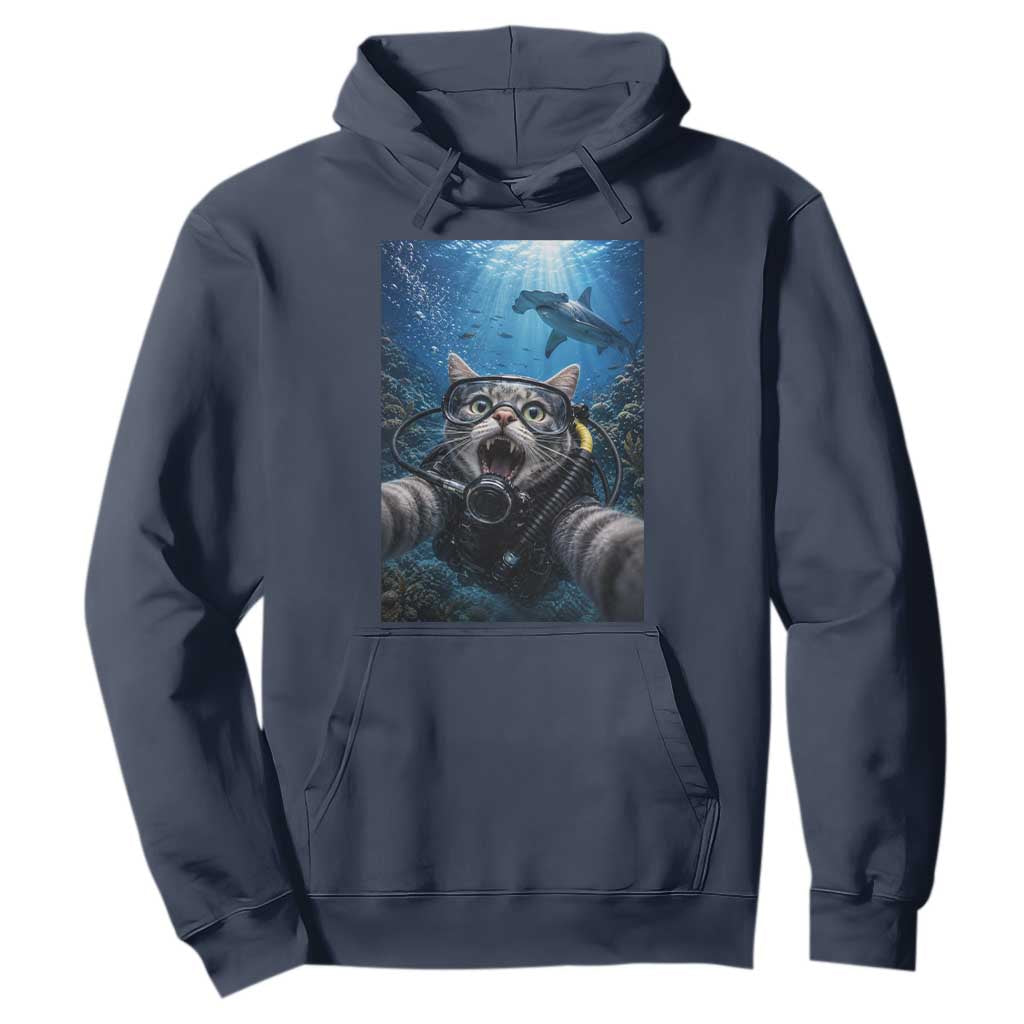 Funny Scuba Diving Cat Selfie With Hammerhead Shark Hoodie