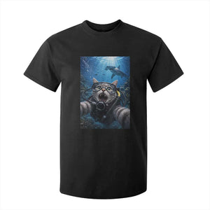 Funny Scuba Diving Cat Selfie With Hammerhead Shark T Shirt For Kid