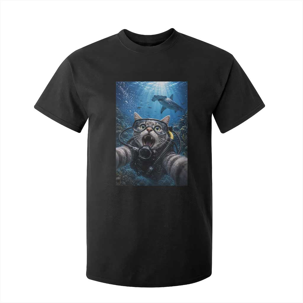 Funny Scuba Diving Cat Selfie With Hammerhead Shark T Shirt For Kid TS12 Black Print Your Wear