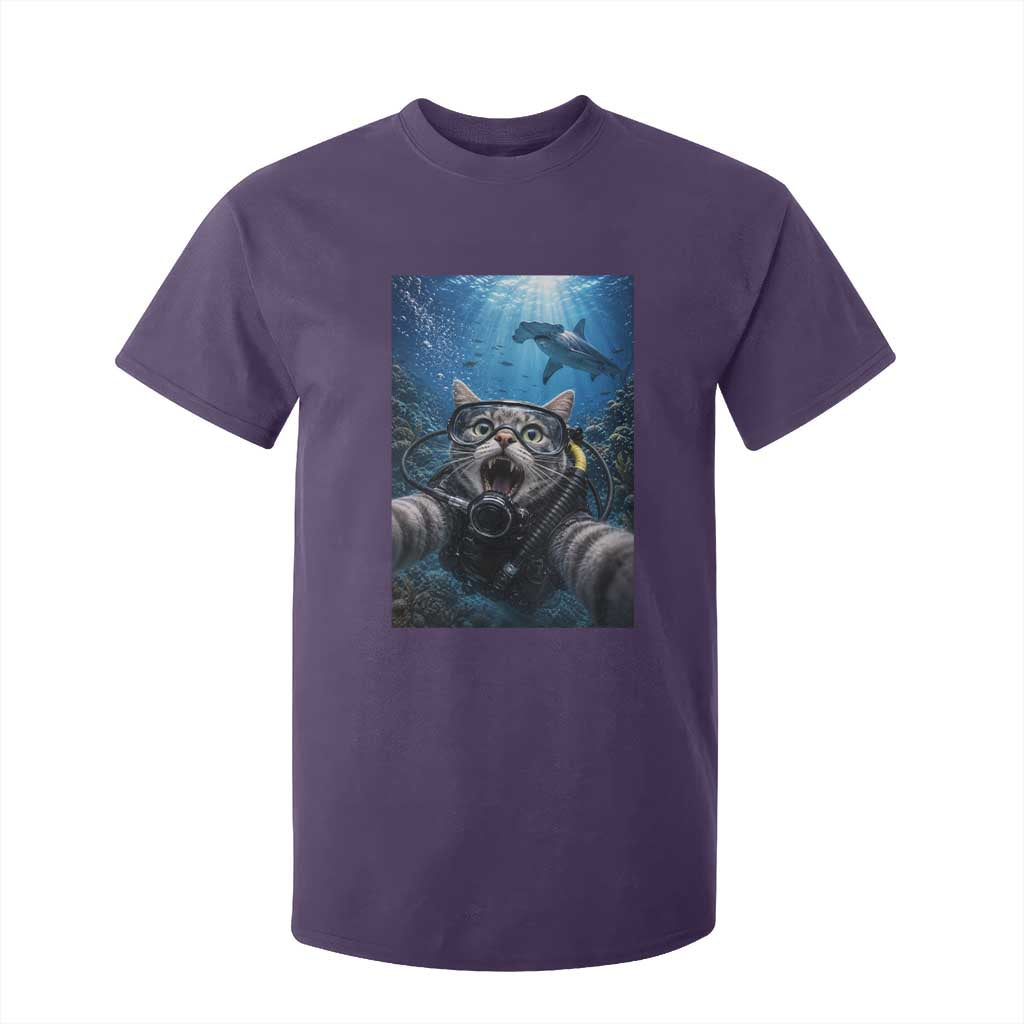 Funny Scuba Diving Cat Selfie With Hammerhead Shark T Shirt For Kid