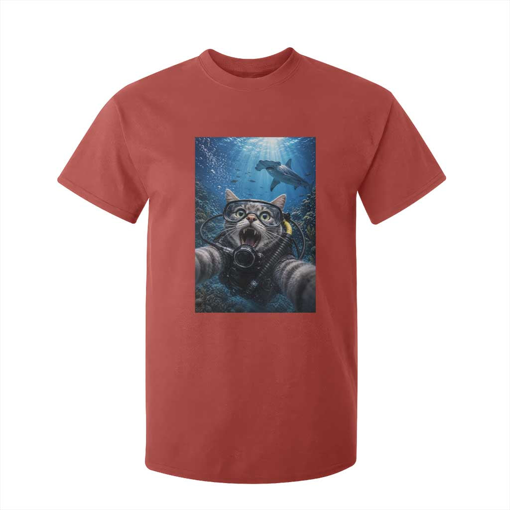 Funny Scuba Diving Cat Selfie With Hammerhead Shark T Shirt For Kid