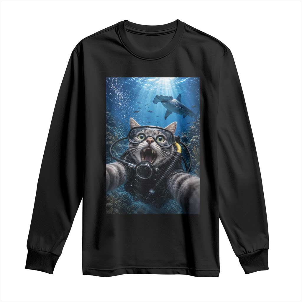 Funny Scuba Diving Cat Selfie With Hammerhead Shark Long Sleeve Shirt TS12 Black Print Your Wear