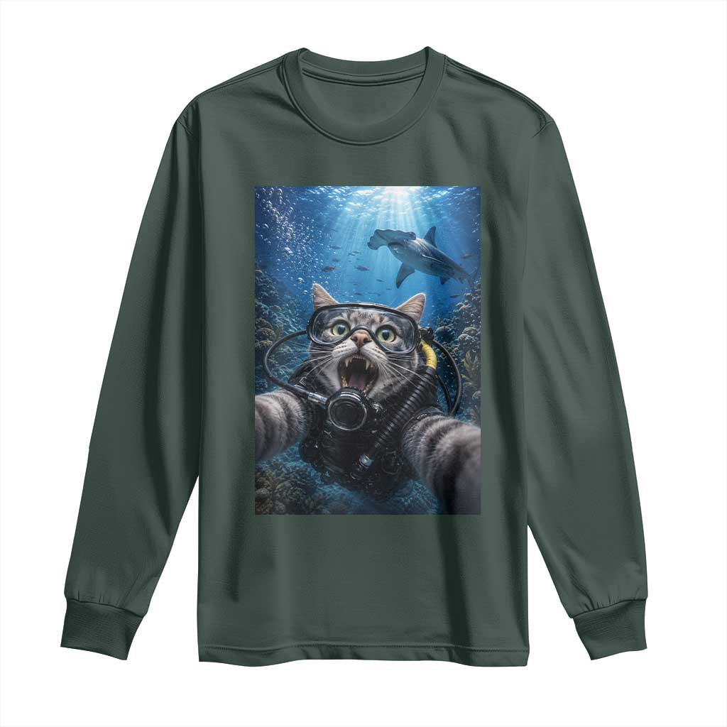 Funny Scuba Diving Cat Selfie With Hammerhead Shark Long Sleeve Shirt
