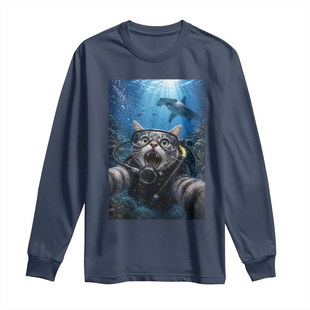 Funny Scuba Diving Cat Selfie With Hammerhead Shark Long Sleeve Shirt