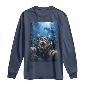 Funny Scuba Diving Cat Selfie With Hammerhead Shark Long Sleeve Shirt