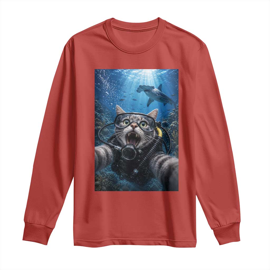 Funny Scuba Diving Cat Selfie With Hammerhead Shark Long Sleeve Shirt