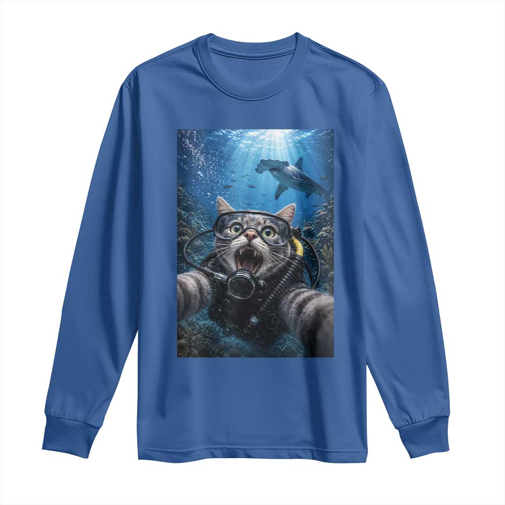 Funny Scuba Diving Cat Selfie With Hammerhead Shark Long Sleeve Shirt