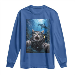 Funny Scuba Diving Cat Selfie With Hammerhead Shark Long Sleeve Shirt