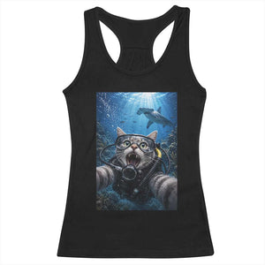 Funny Scuba Diving Cat Selfie With Hammerhead Shark Racerback Tank Top