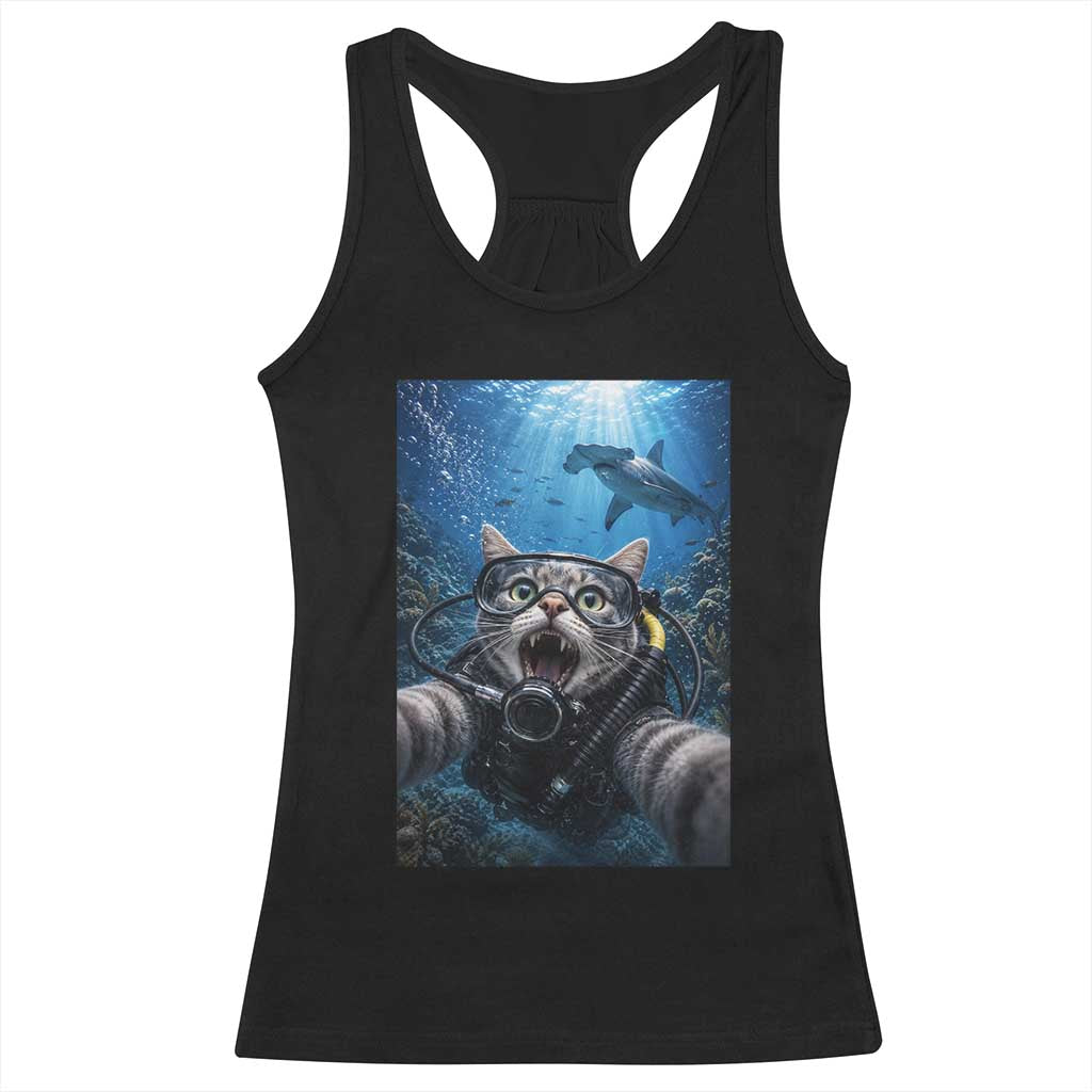 Funny Scuba Diving Cat Selfie With Hammerhead Shark Racerback Tank Top TS12 Black Print Your Wear