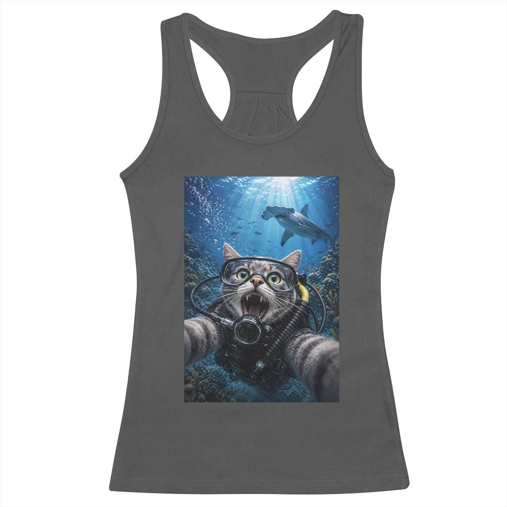 Funny Scuba Diving Cat Selfie With Hammerhead Shark Racerback Tank Top