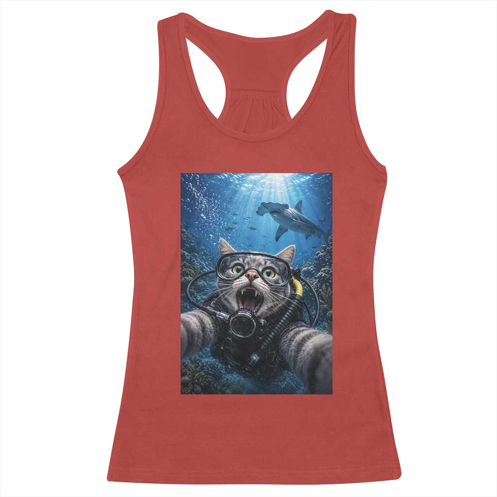 Funny Scuba Diving Cat Selfie With Hammerhead Shark Racerback Tank Top