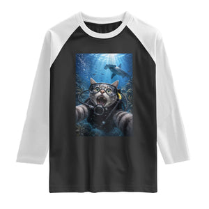 Funny Scuba Diving Cat Selfie With Hammerhead Shark Raglan Shirt