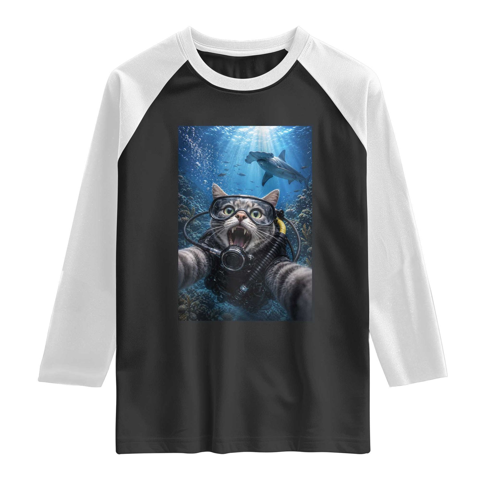 Funny Scuba Diving Cat Selfie With Hammerhead Shark Raglan Shirt TS12 Black White Print Your Wear
