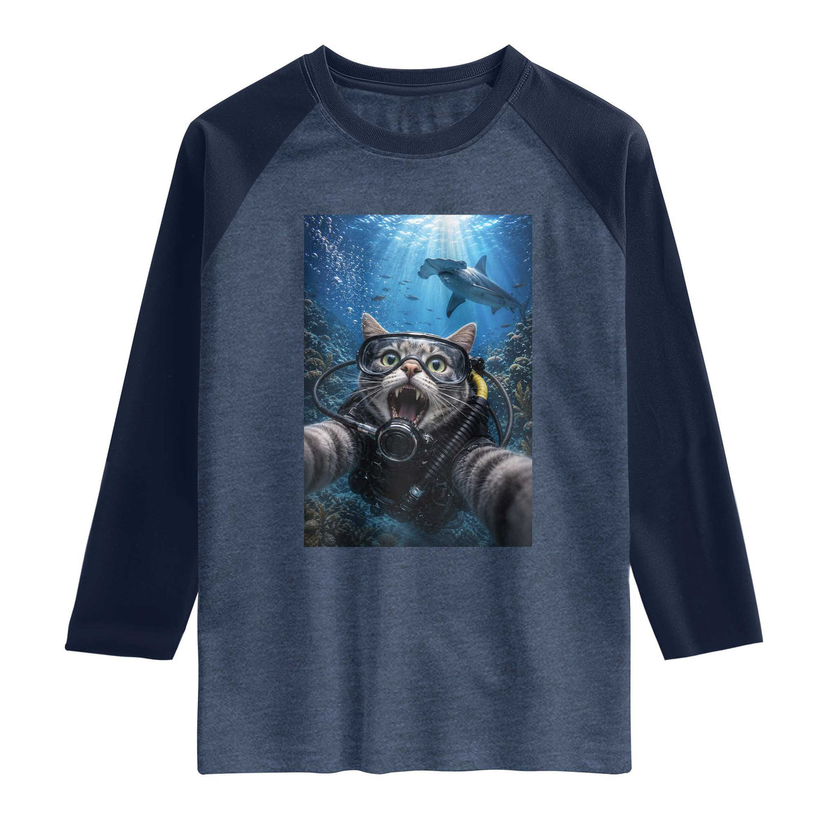 Funny Scuba Diving Cat Selfie With Hammerhead Shark Raglan Shirt