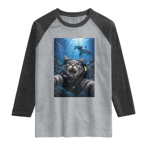 Funny Scuba Diving Cat Selfie With Hammerhead Shark Raglan Shirt