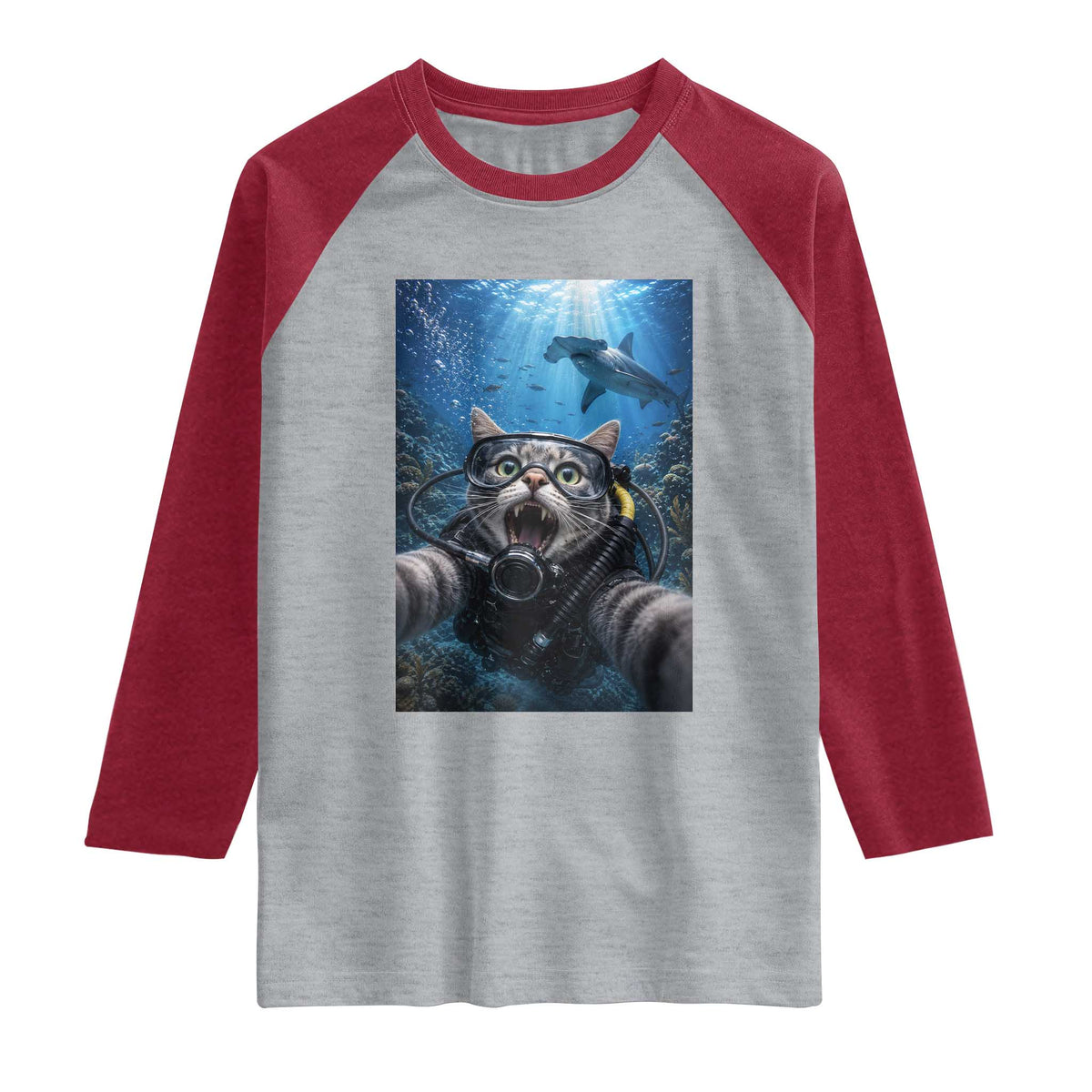 Funny Scuba Diving Cat Selfie With Hammerhead Shark Raglan Shirt